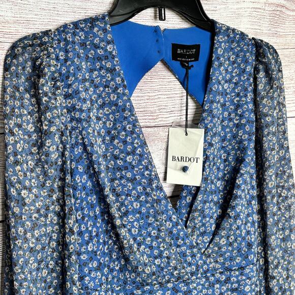 Bardot Blue Girly Ditsy Floral Ruched Open Back Mini Dress Size Large New - Picture 9 of 11